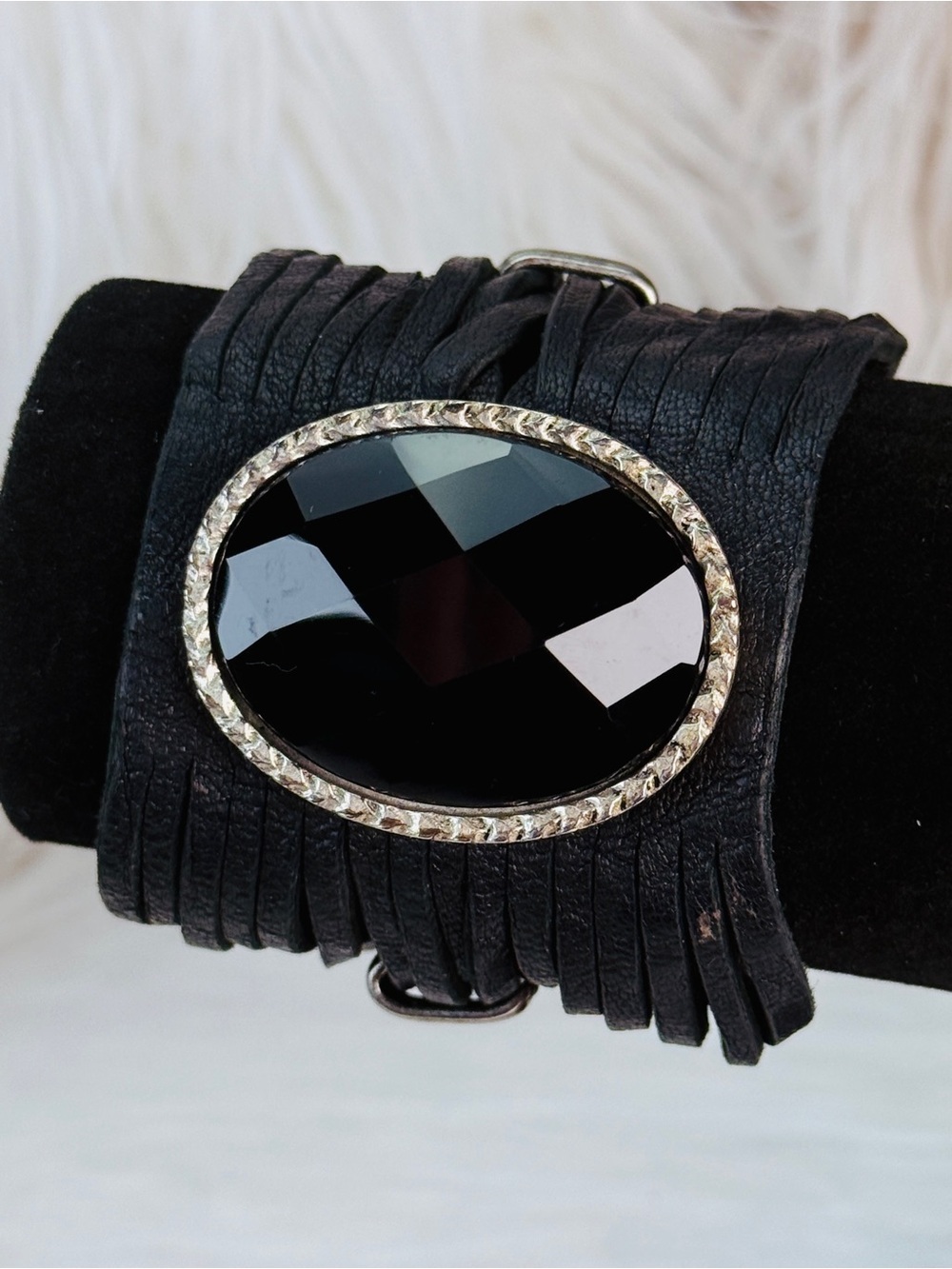 Super Soft Supple Black Leather Wide Fringe Cuff Bracelet Faceted Oval